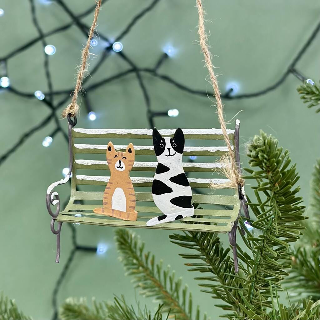 Personalised Christmas Cats On A Park Bench Bauble
