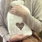 Personalised Fluffy White And Brown Heart Hot Water Bottle