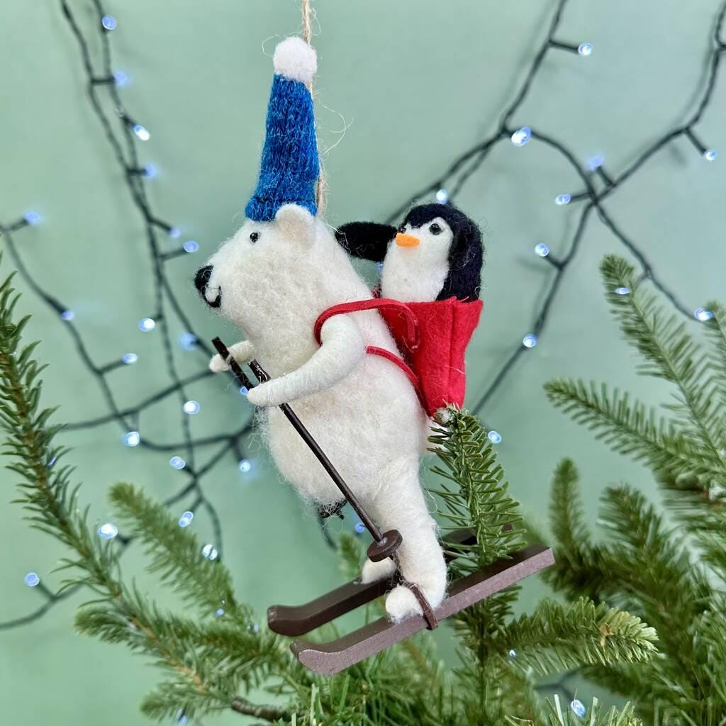 Personalised Polar Bear And Penguin Felt Skiing Bauble