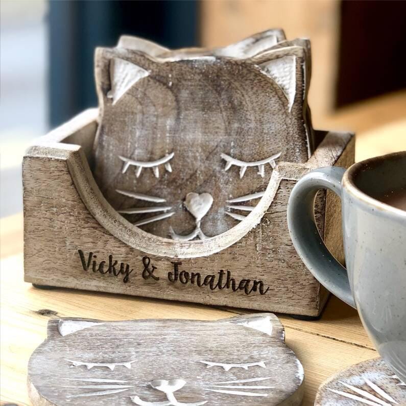 Personalised Pack Of Six Wooden Cat Coasters