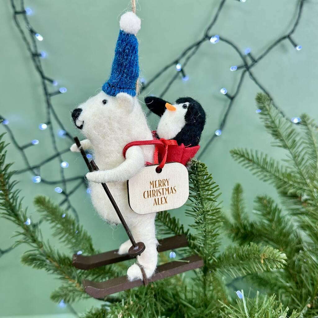 Personalised Polar Bear And Penguin Felt Skiing Bauble