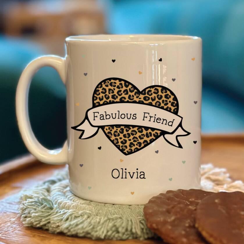 Personalised Leopard Heart Fabulous Friend Mug
