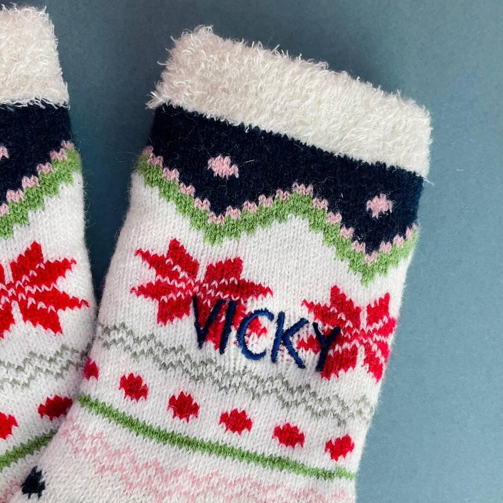 Personalised Navy And Red Fairisle Slipper Socks