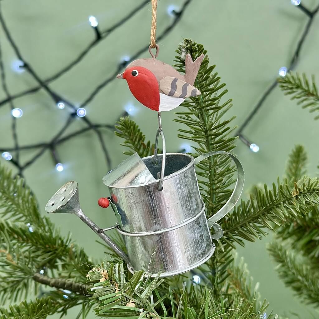 Personalised Robin Watering Can Christmas Bauble