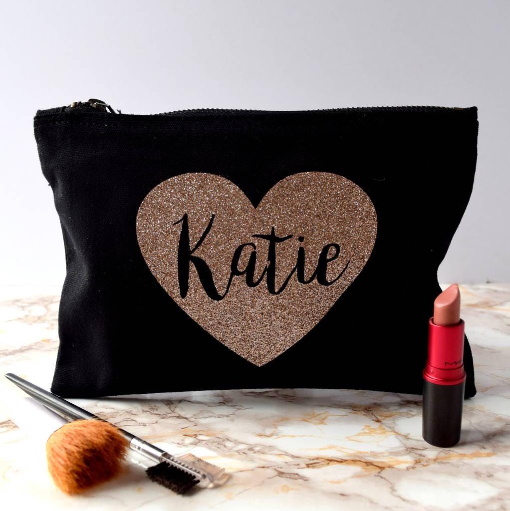 Personalised Sparkly Rose Gold Heart Make Up Bag