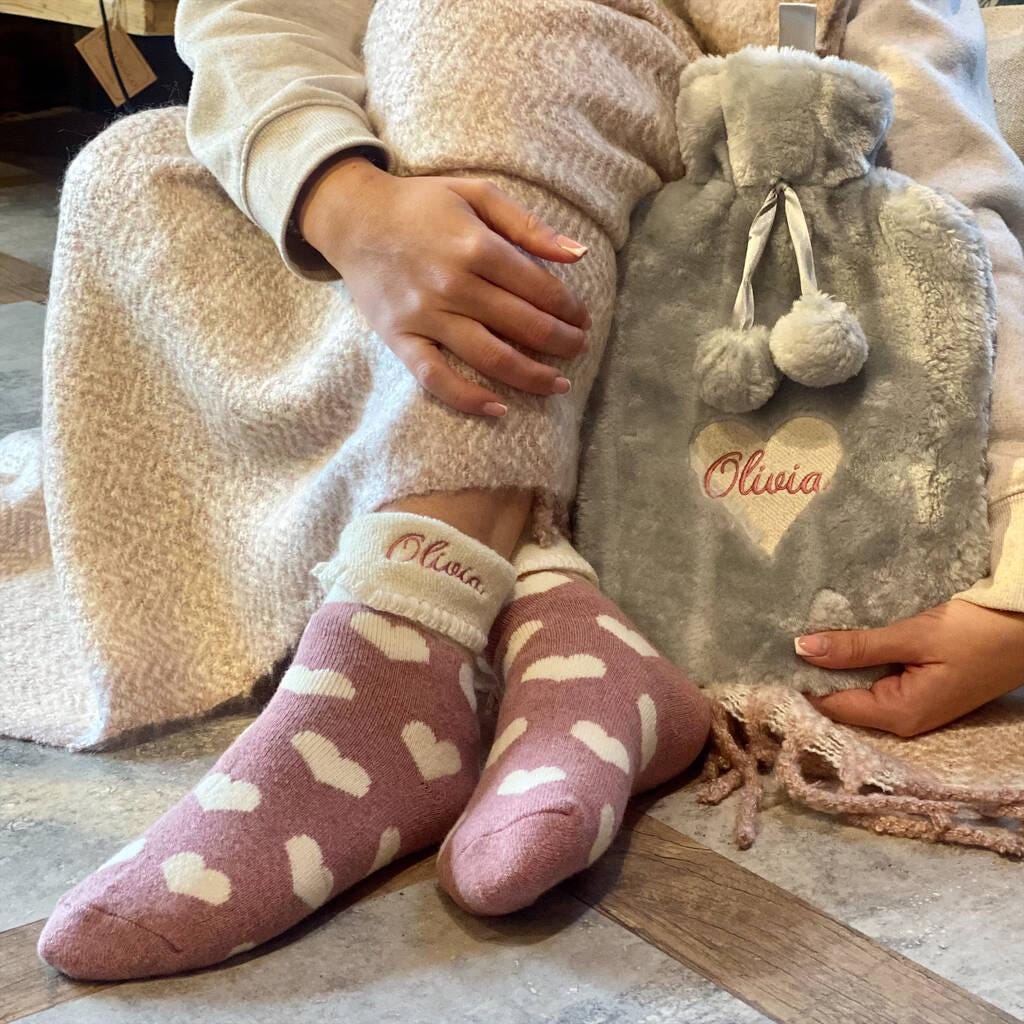 Personalised Heart Socks And Heart Hot Water Bottle