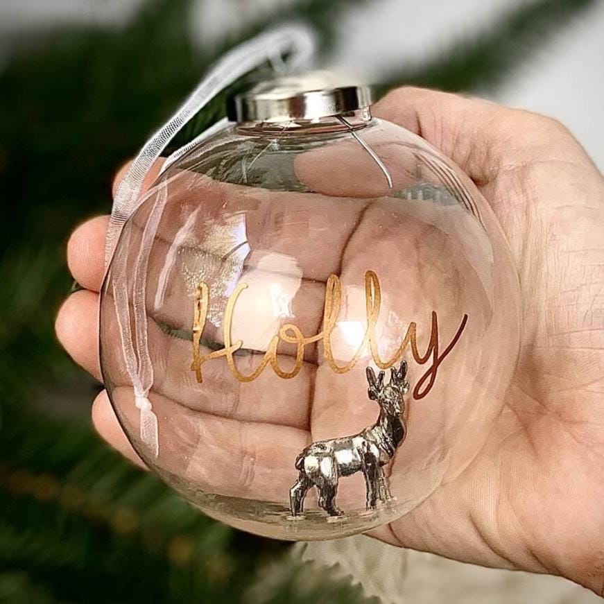 Personalised Silver Reindeer Glass Bauble