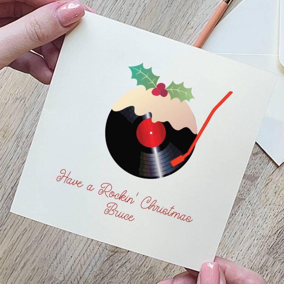 Personalised Christmas Pudding Vinyl Record Christmas Card
