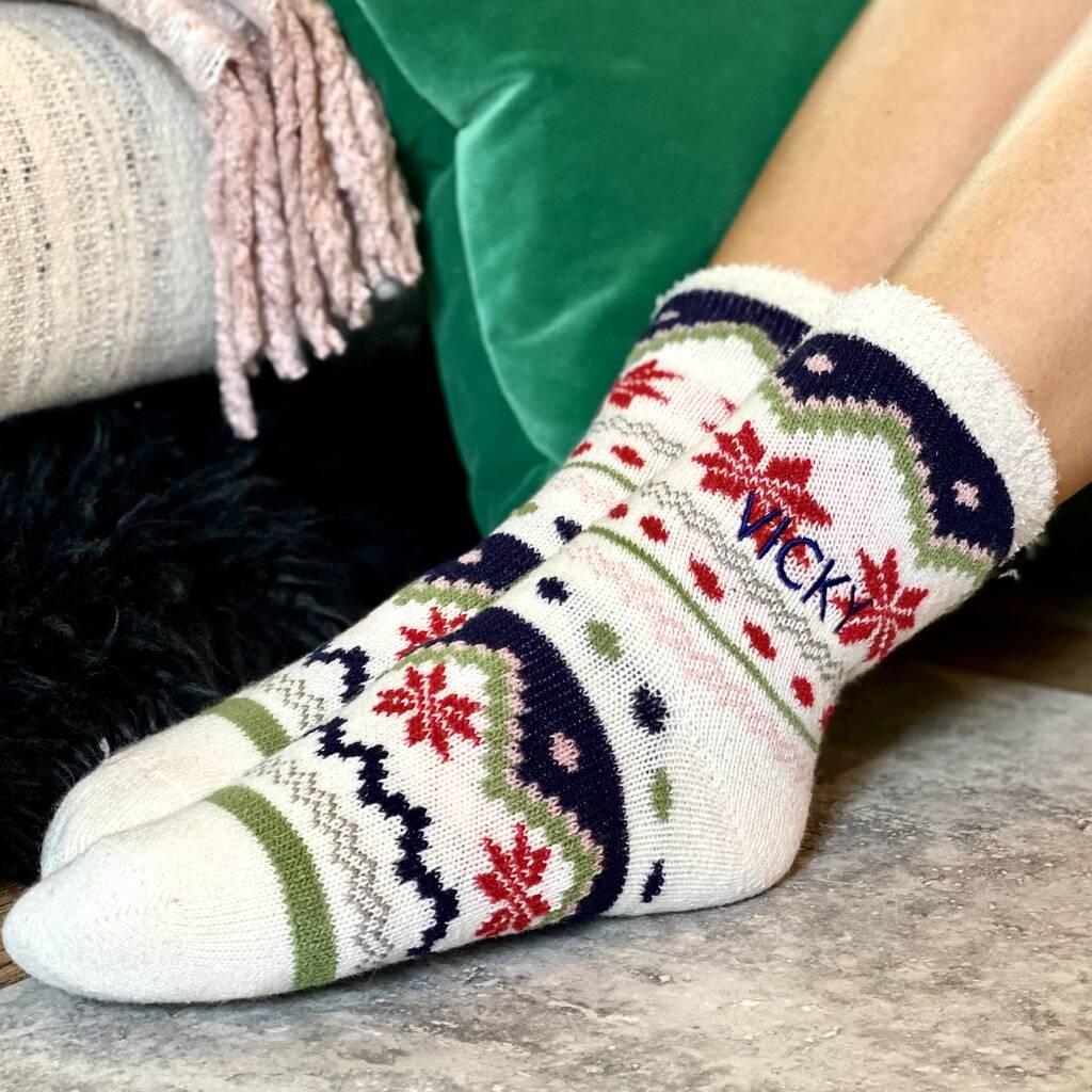 Personalised Navy And Red Fairisle Slipper Socks