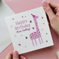 Pink Giraffe First Birthday Card