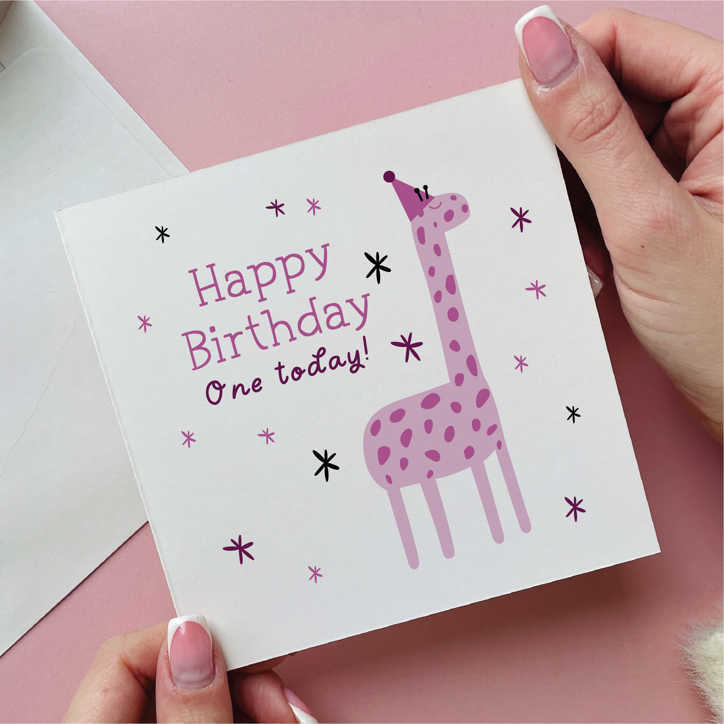 Pink Giraffe First Birthday Card