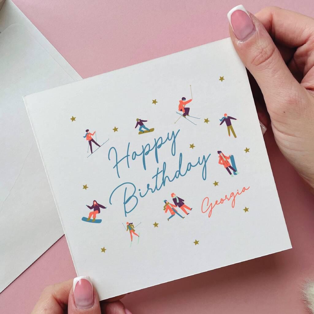 Personalised Mountain People Skiing Birthday Card