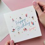 Personalised Mountain People Skiing Birthday Card