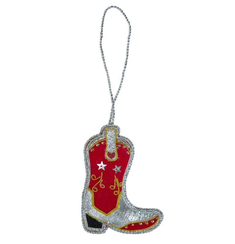 Cowboy Boot Sequin And Fabric Christmas Decoration