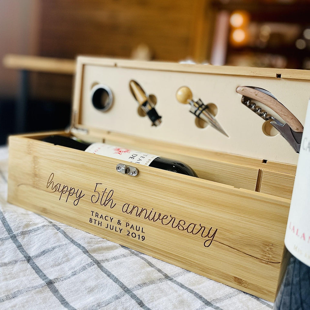 Personalised 5th Anniversary Wooden Wine Bottle Gift Set