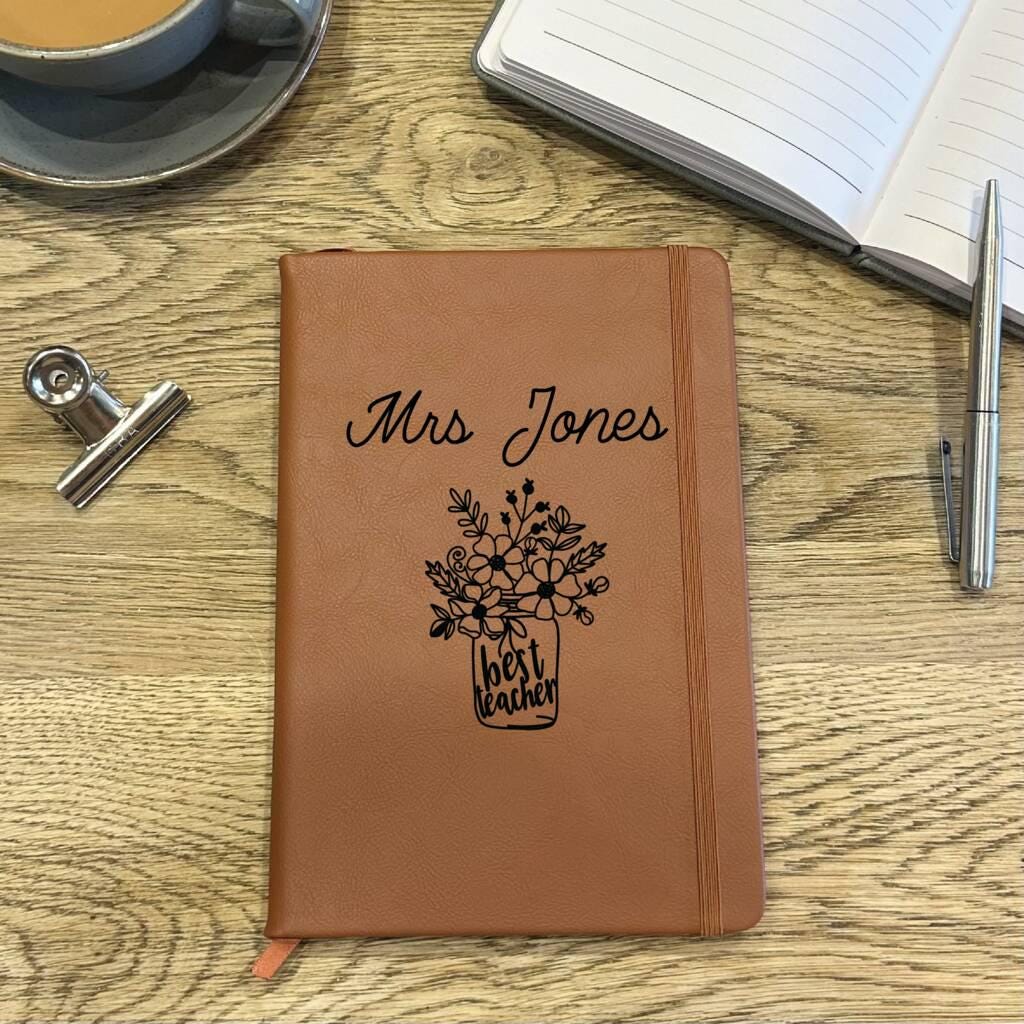 Personalized Teacher Notebook: Engraved Vase Design, Faux Leather A5