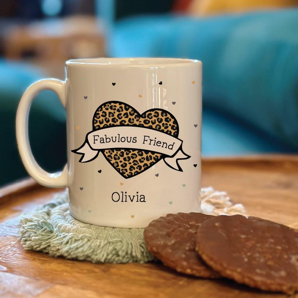 Personalised Leopard Heart Fabulous Friend Mug