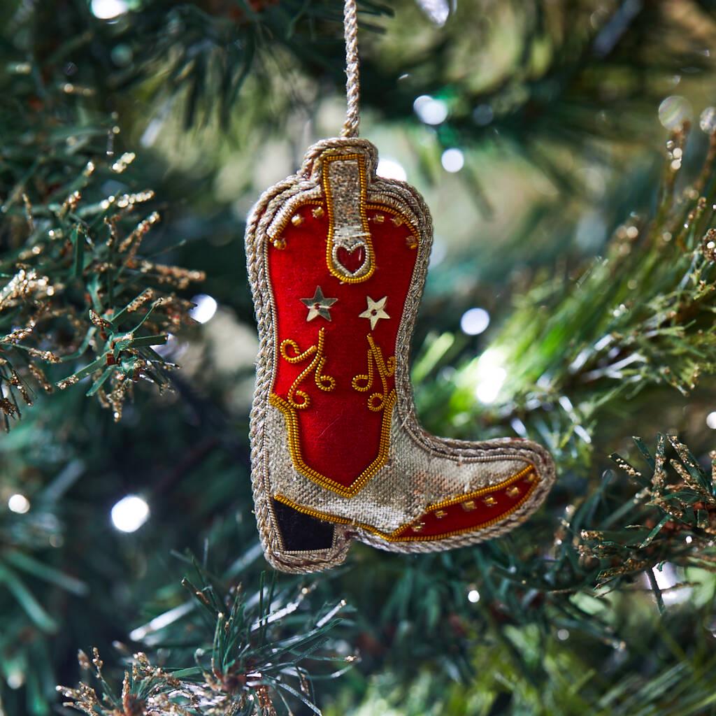 Cowboy Boot Sequin And Fabric Christmas Decoration