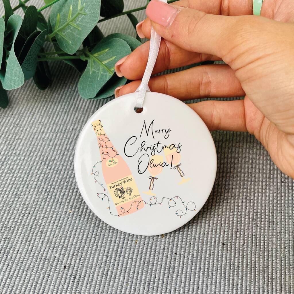 Personalised Turkey Wine Ceramic Christmas Bauble
