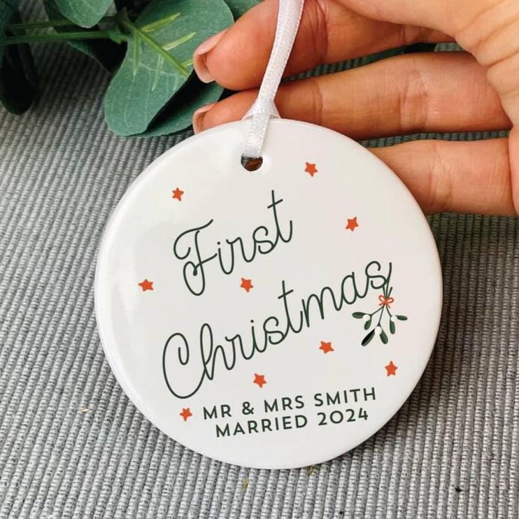 Personalised First Christmas Married With Stars Ceramic Decoration