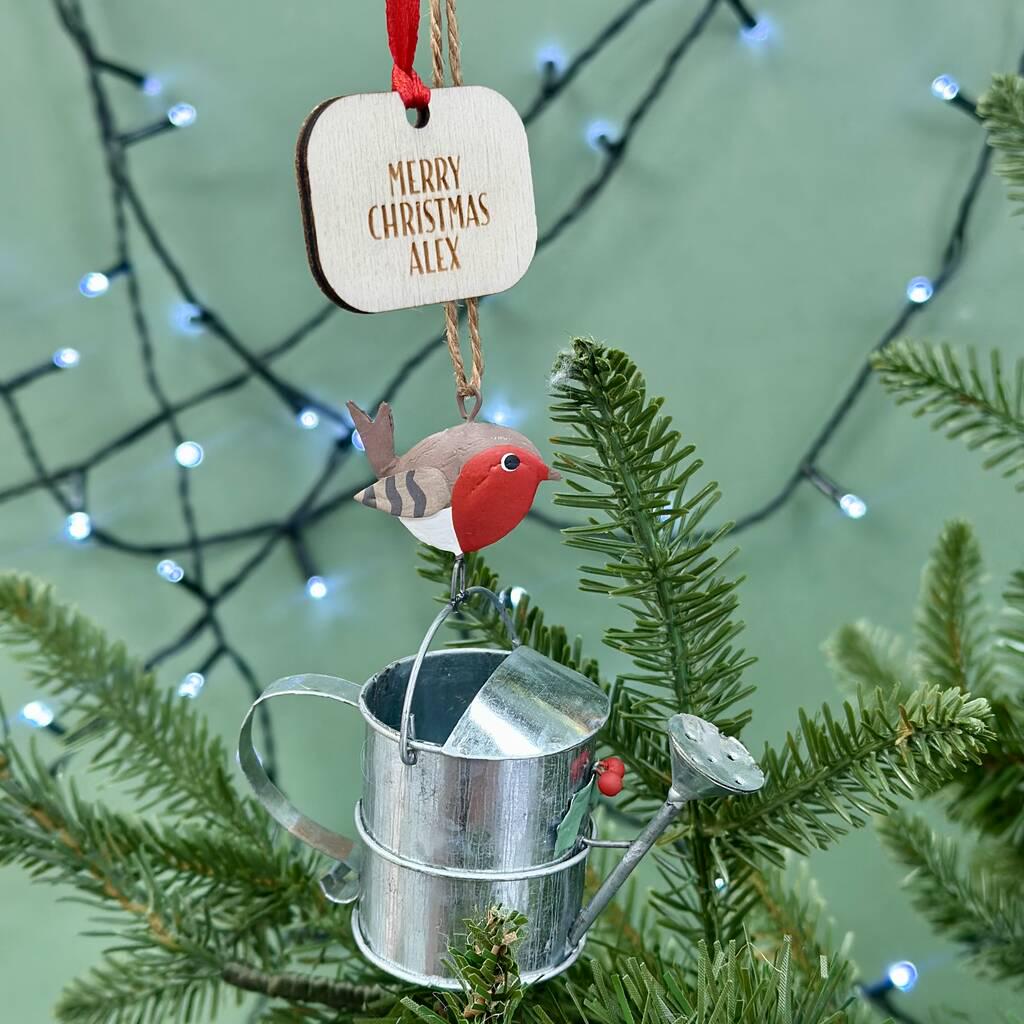 Personalised Robin Watering Can Christmas Bauble