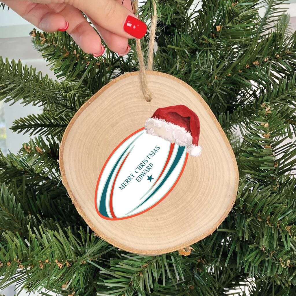 Personalised Rugby Ball Wooden Christmas Bauble