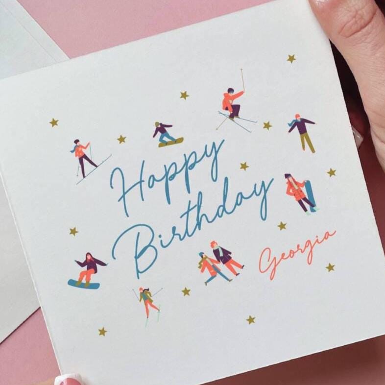Personalised Mountain People Skiing Birthday Card