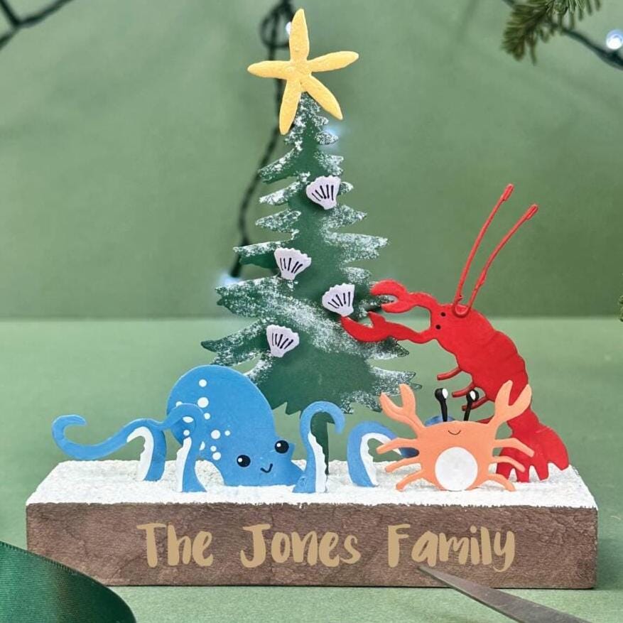 Personalised Sealife Christmas Wooden Block Decoration