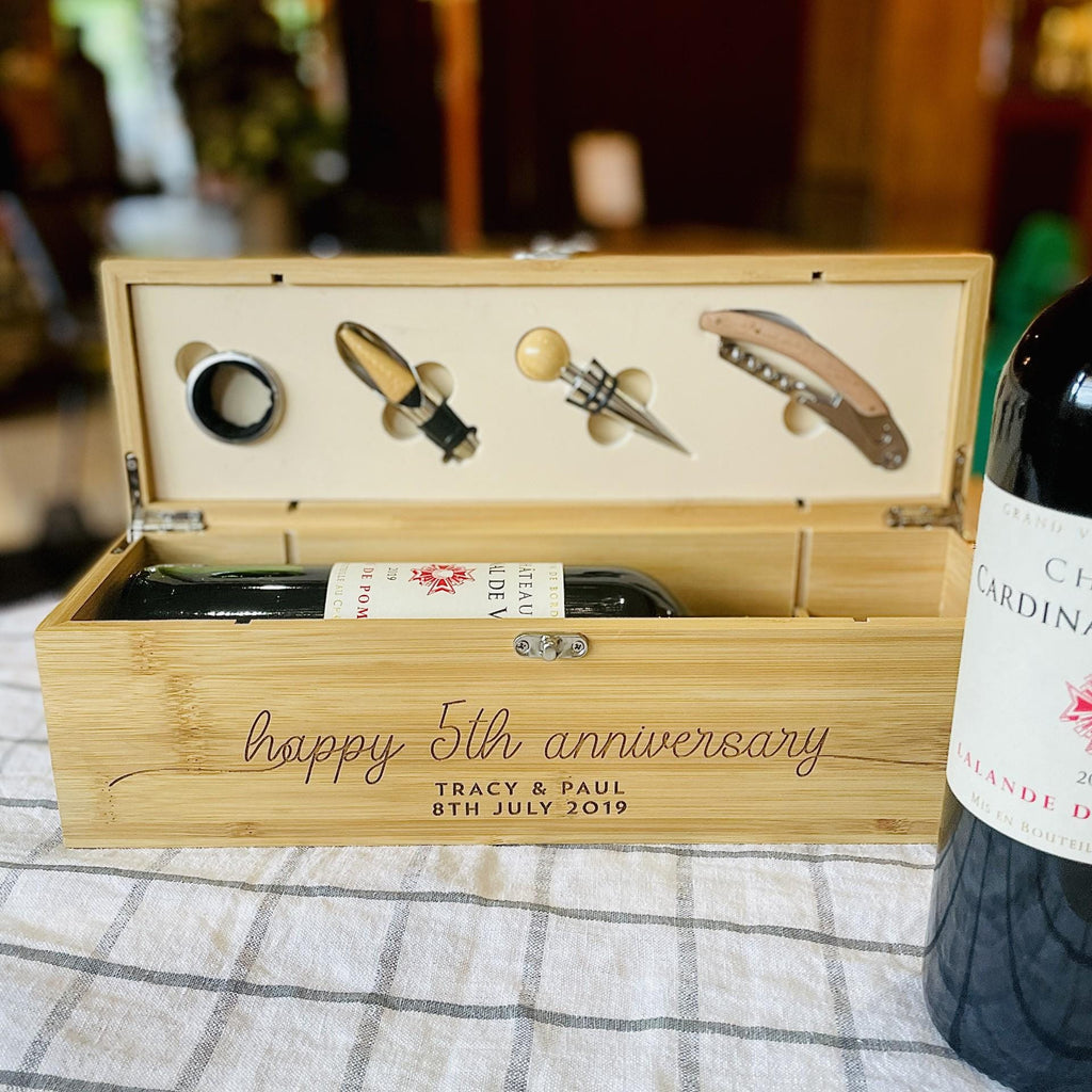 Personalised 5th Anniversary Wooden Wine Bottle Gift Set