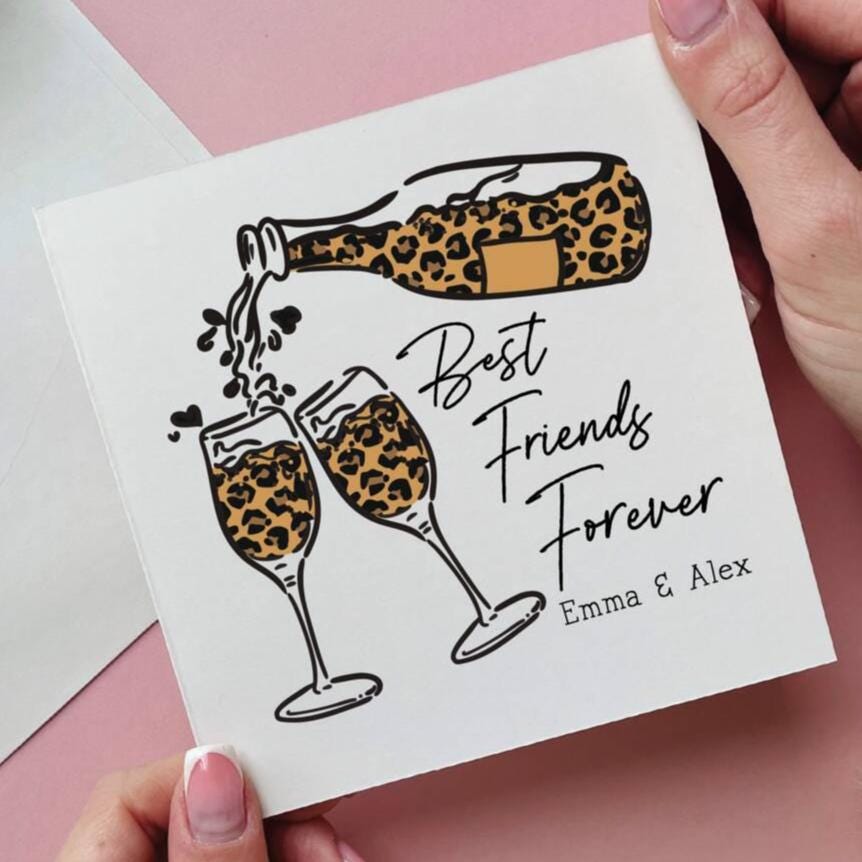 Personalised Leopard Wine Best Friends Forever Card