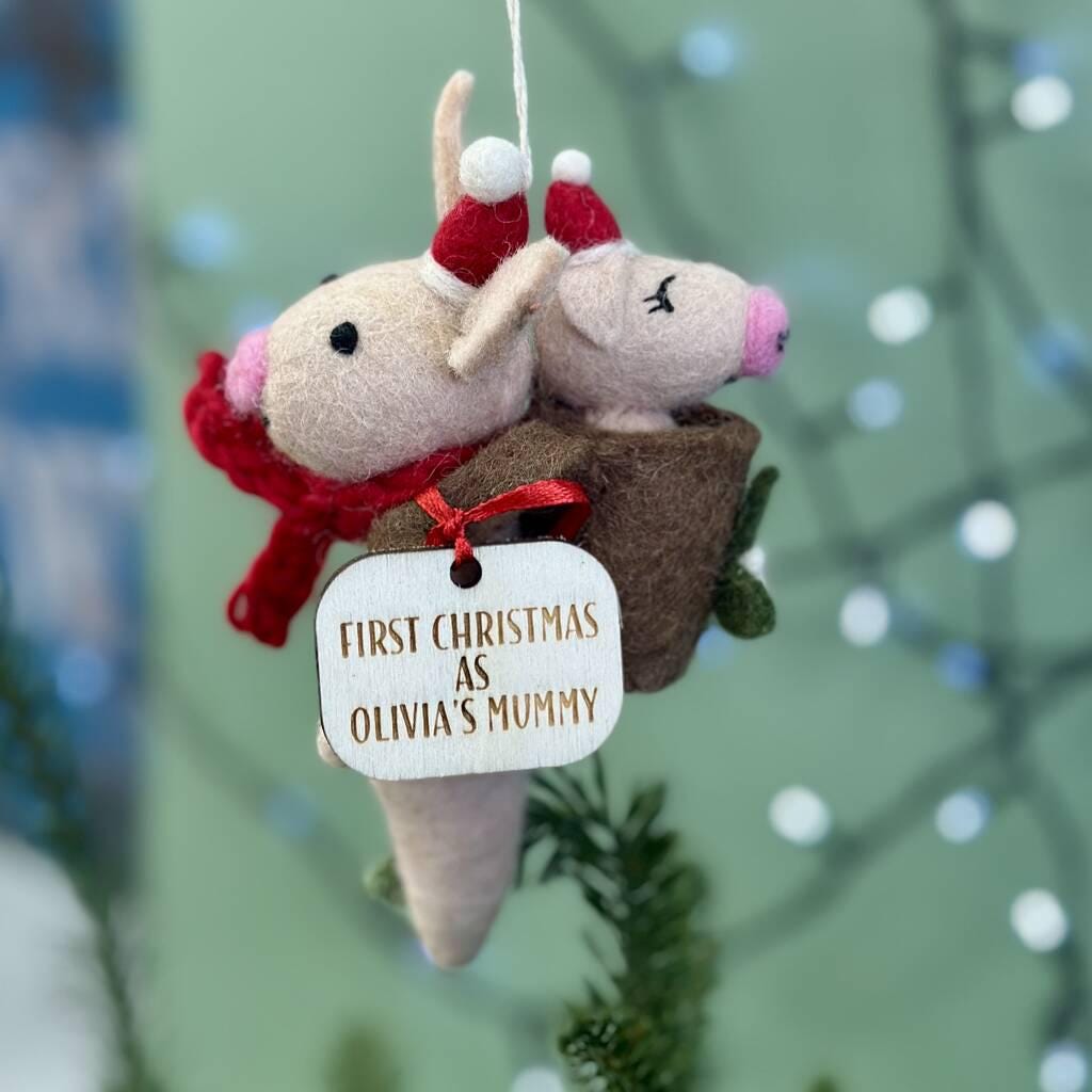 Personalised Pig And Piglet Felt Christmas Bauble