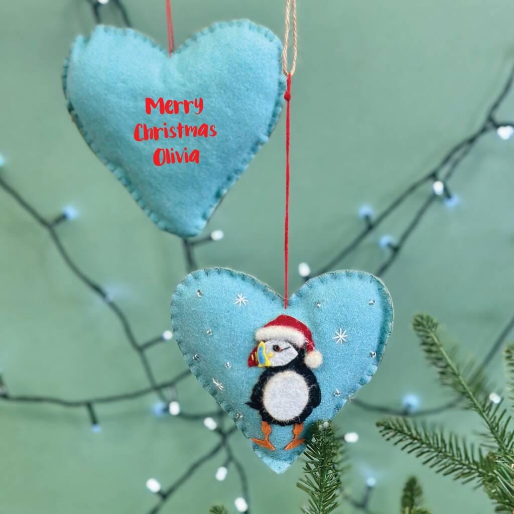 Personalised Felt Fabric Christmas Puffin Bauble