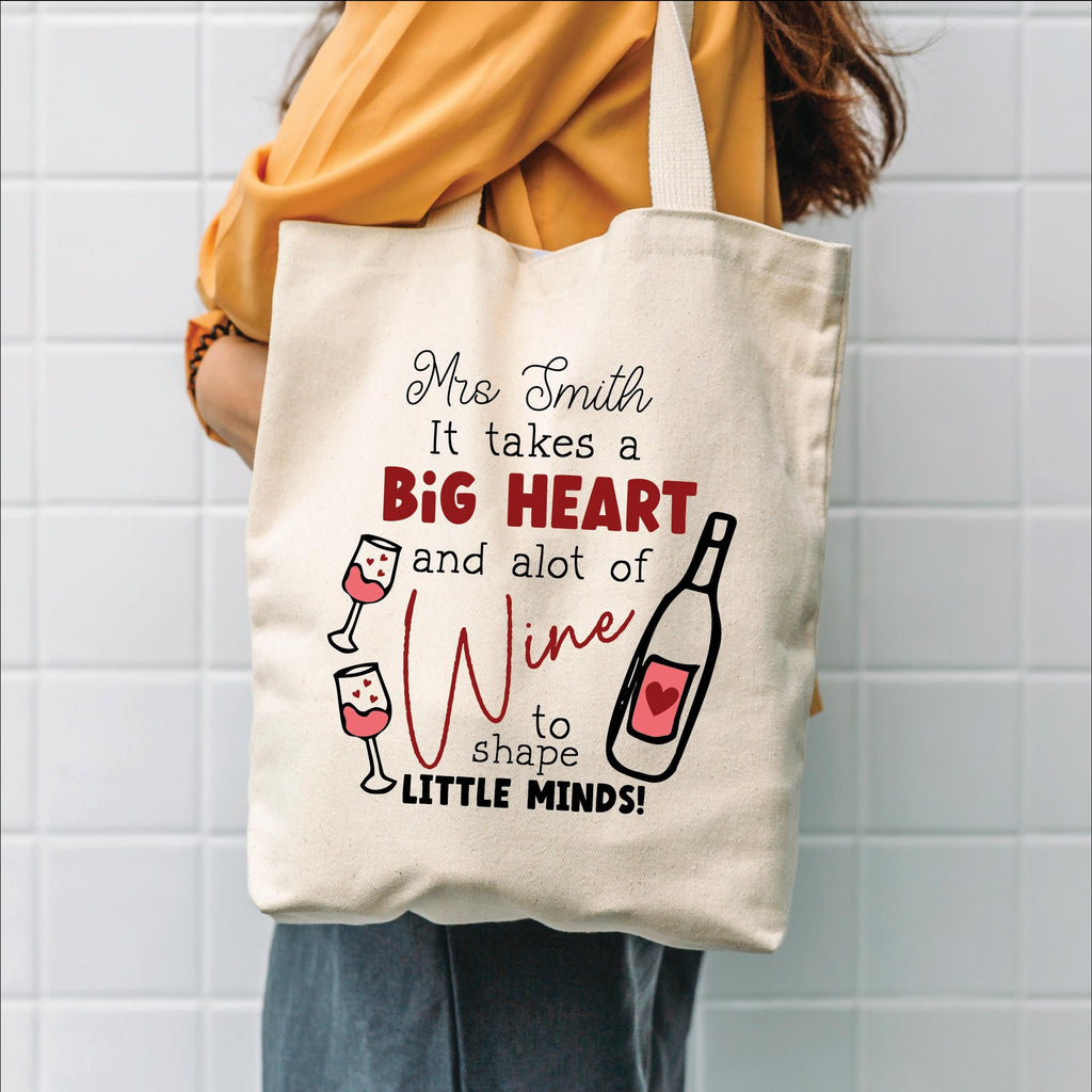 Personalised Big Heart And Wine To Shape Little Minds Tote Bag