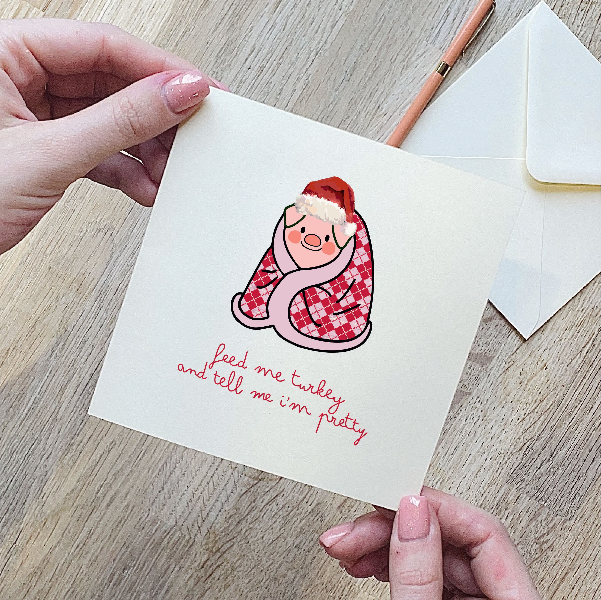 Feed Me Turkey Pigs In Blanlets Christmas Card