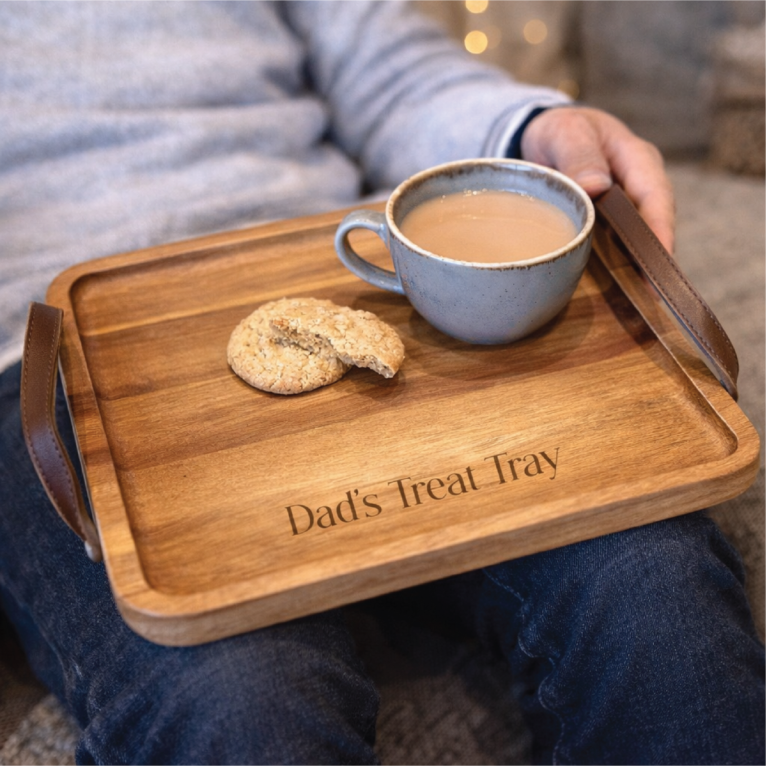Personalised Acacia Tray With Leather Handles