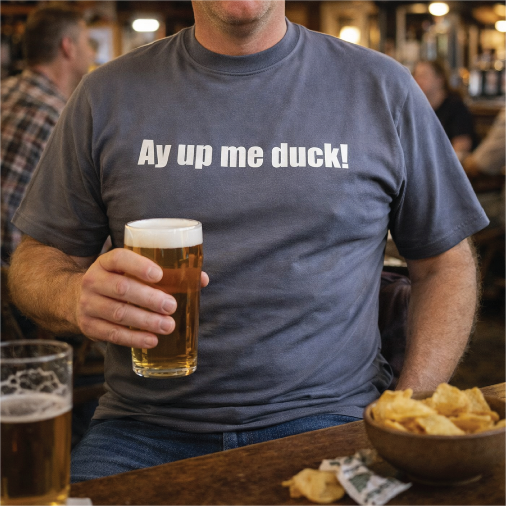 Man wearing a t-shirt with 'Ay up me duck!' text, holding a beer in a bar setting.