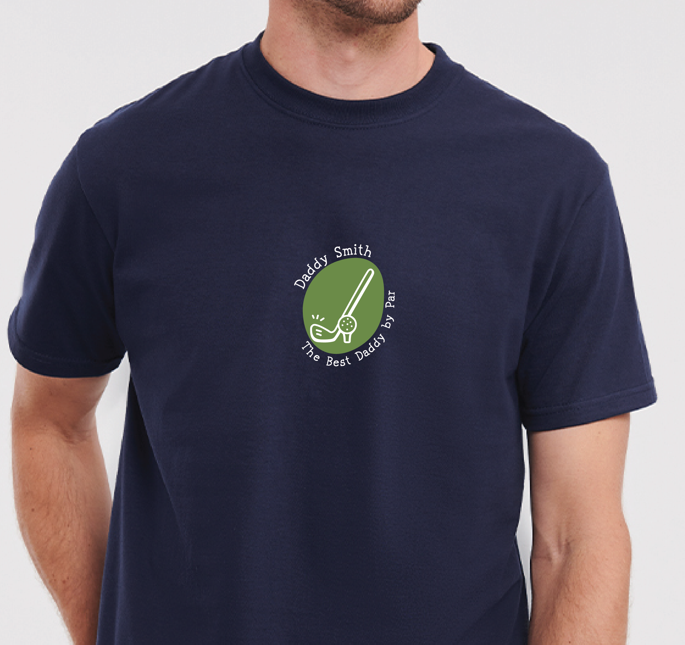 Navy blue t-shirt with a green golf logo on a white background