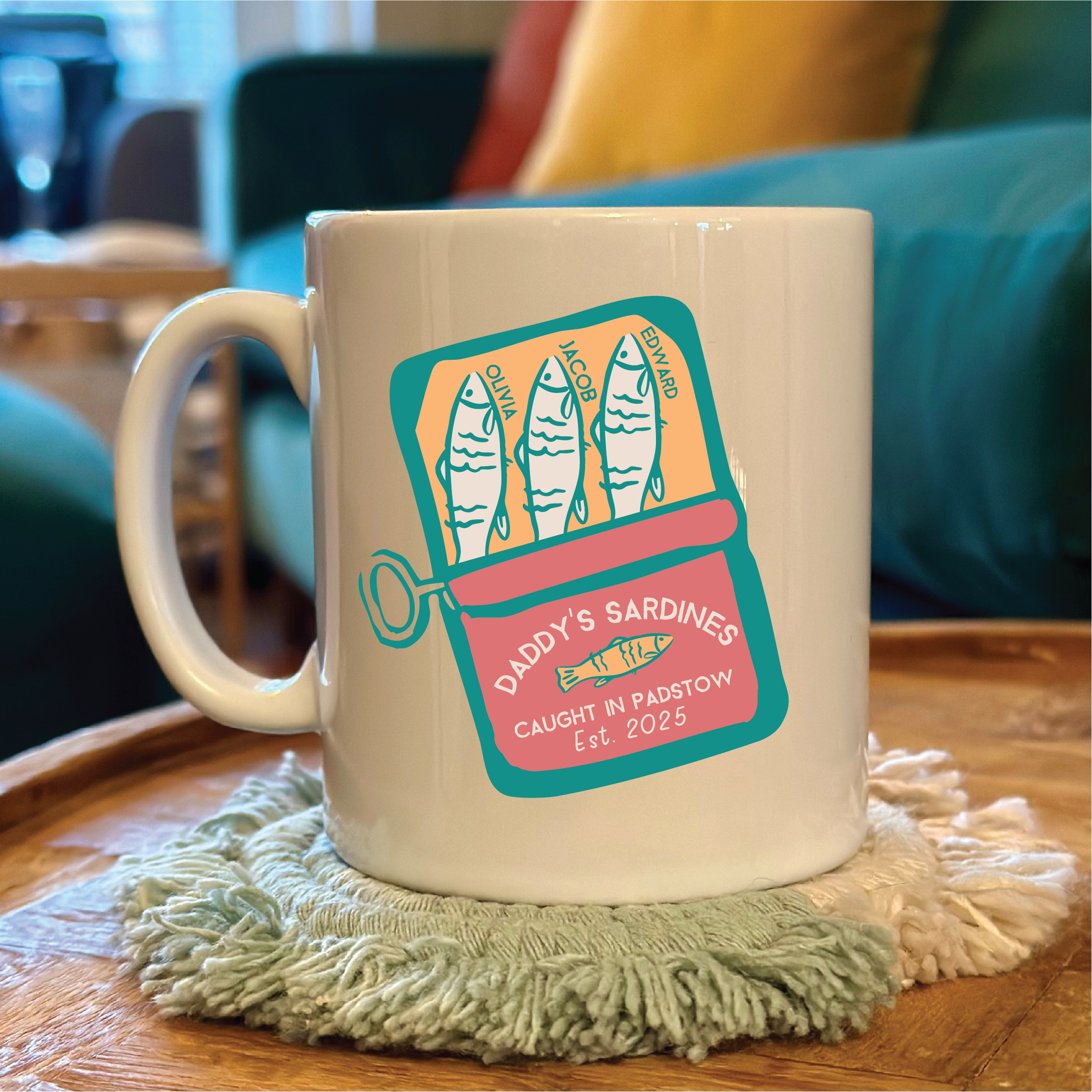 Mug with sardine can design on a wooden table