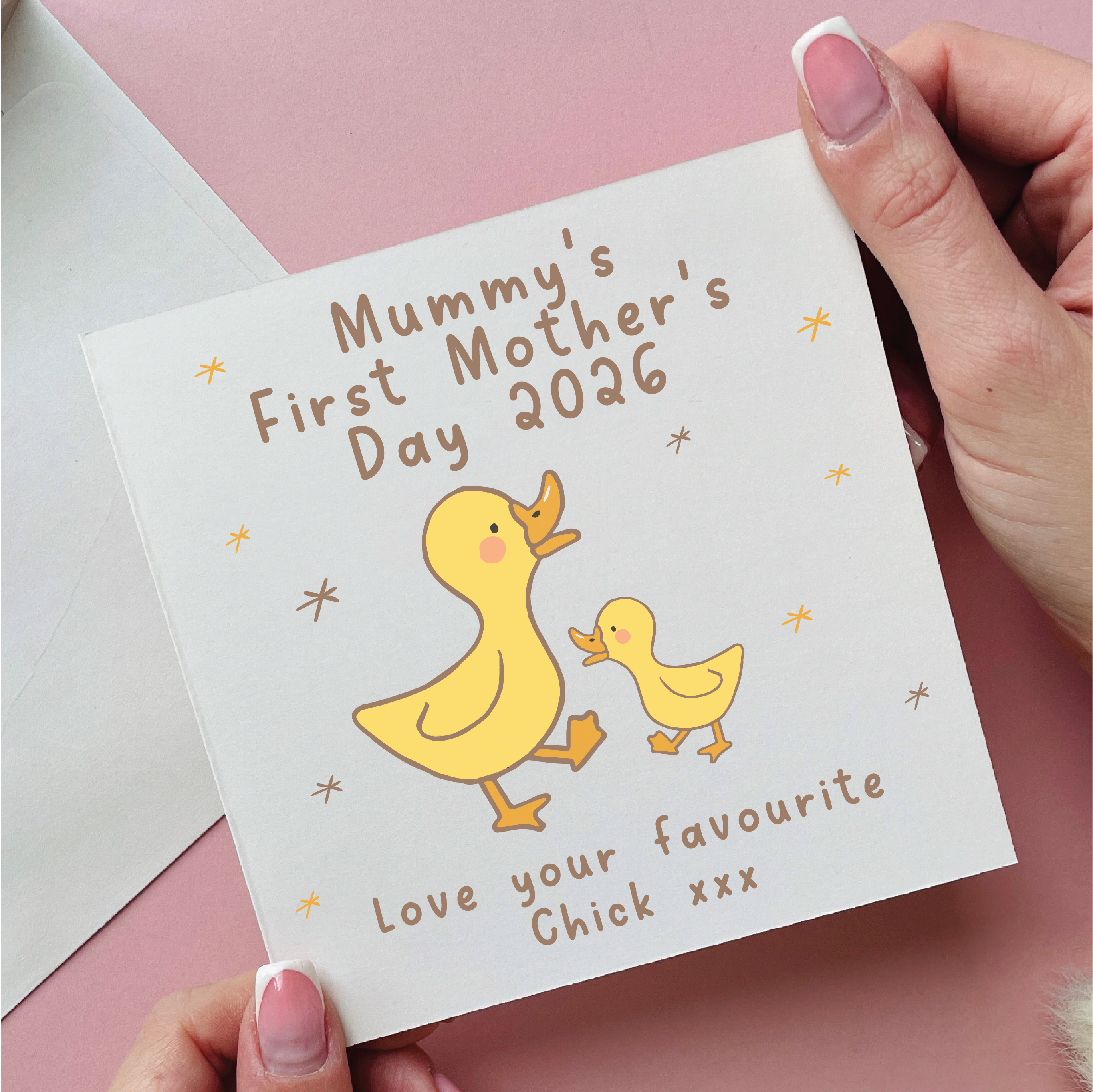 Card for Mummy's First Mother's Day 2026 with a yellow duck and chick illustration on a pink background.