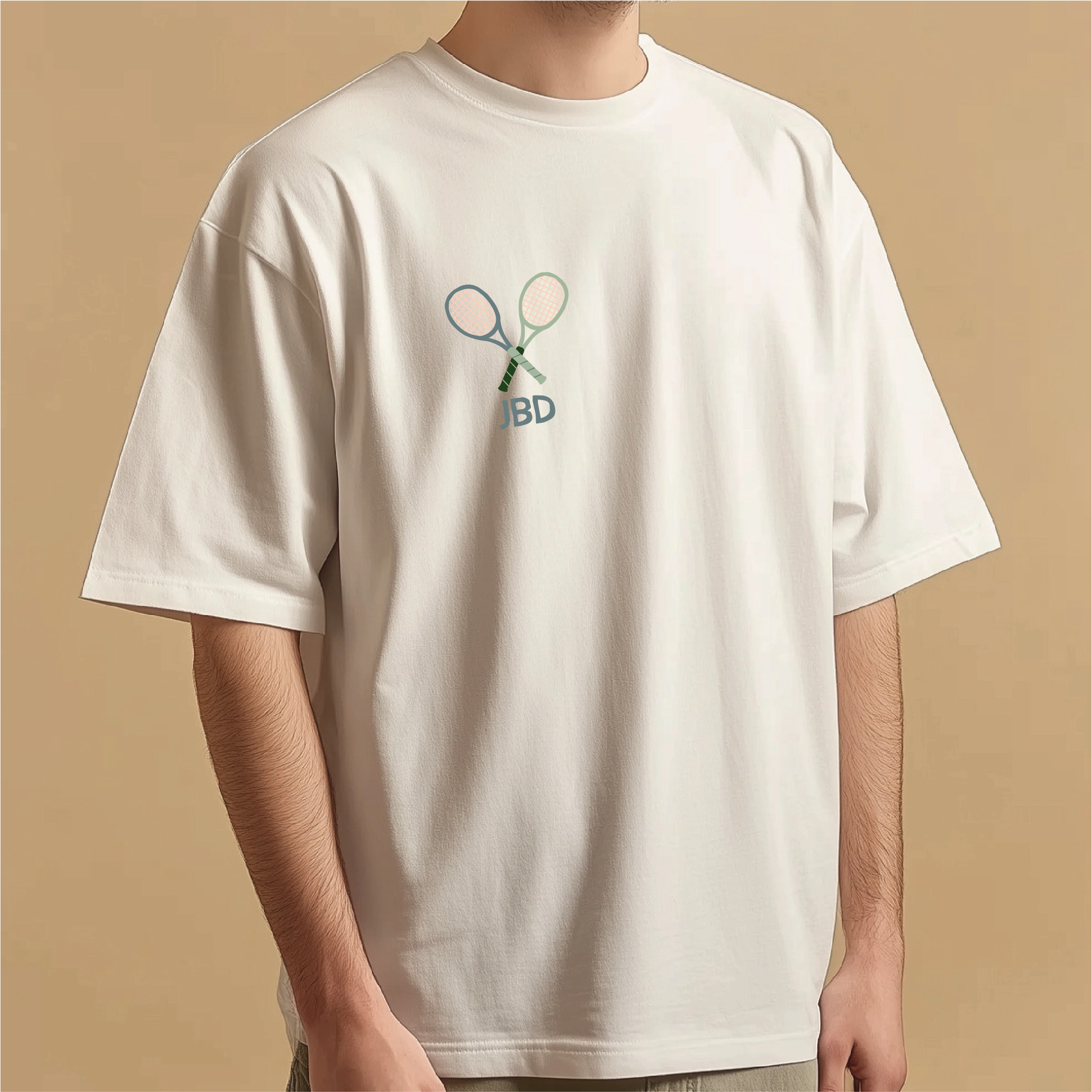 Person wearing a white t-shirt with a logo on a beige background