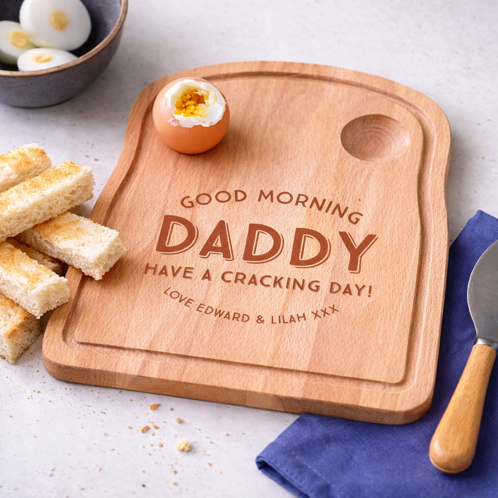 Wooden cutting board with engraved message on a breakfast setting