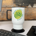 White travel mug with bicycle design for dad.