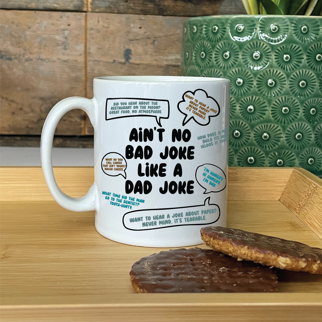 A mug covered in classic dad jokes.