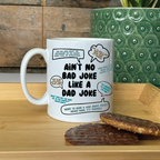 A mug covered in classic dad jokes.