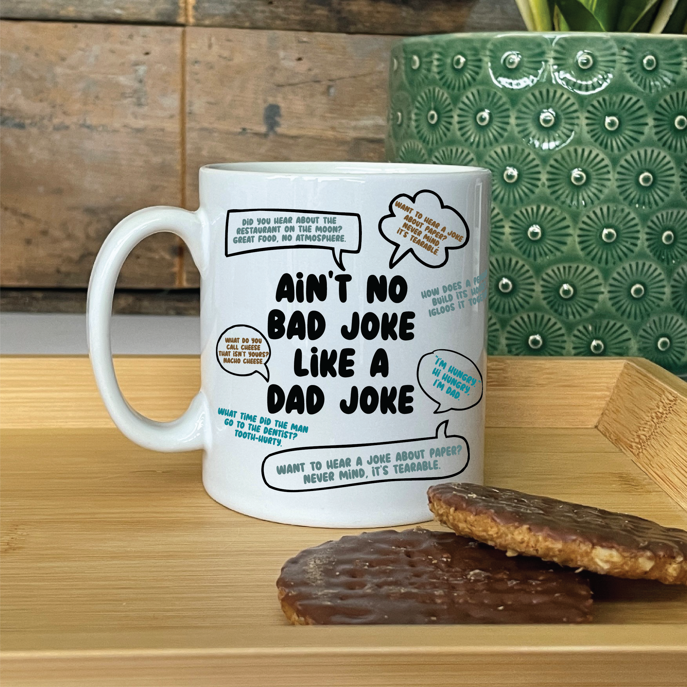 A mug covered in classic dad jokes.