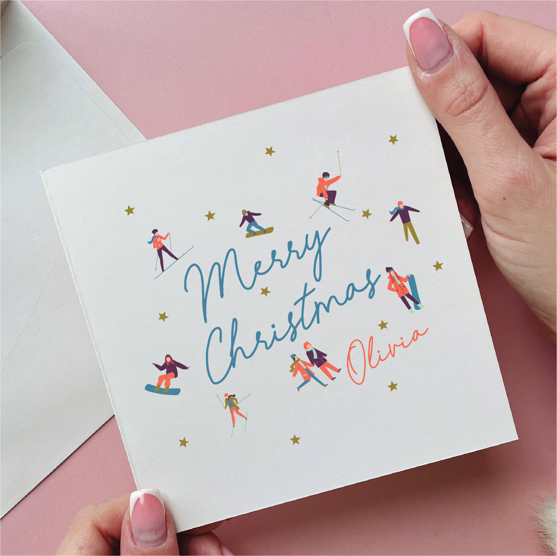 Mountain People Skiing Christmas Card