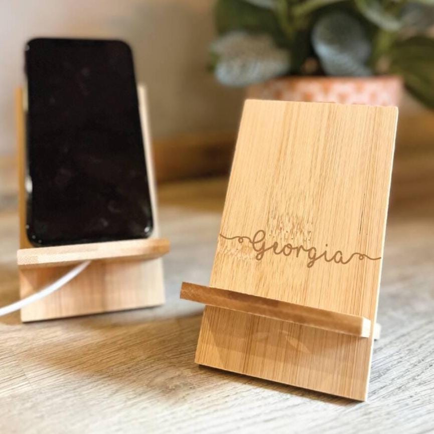 Personalised Swirl Name Bamboo Phone Holder