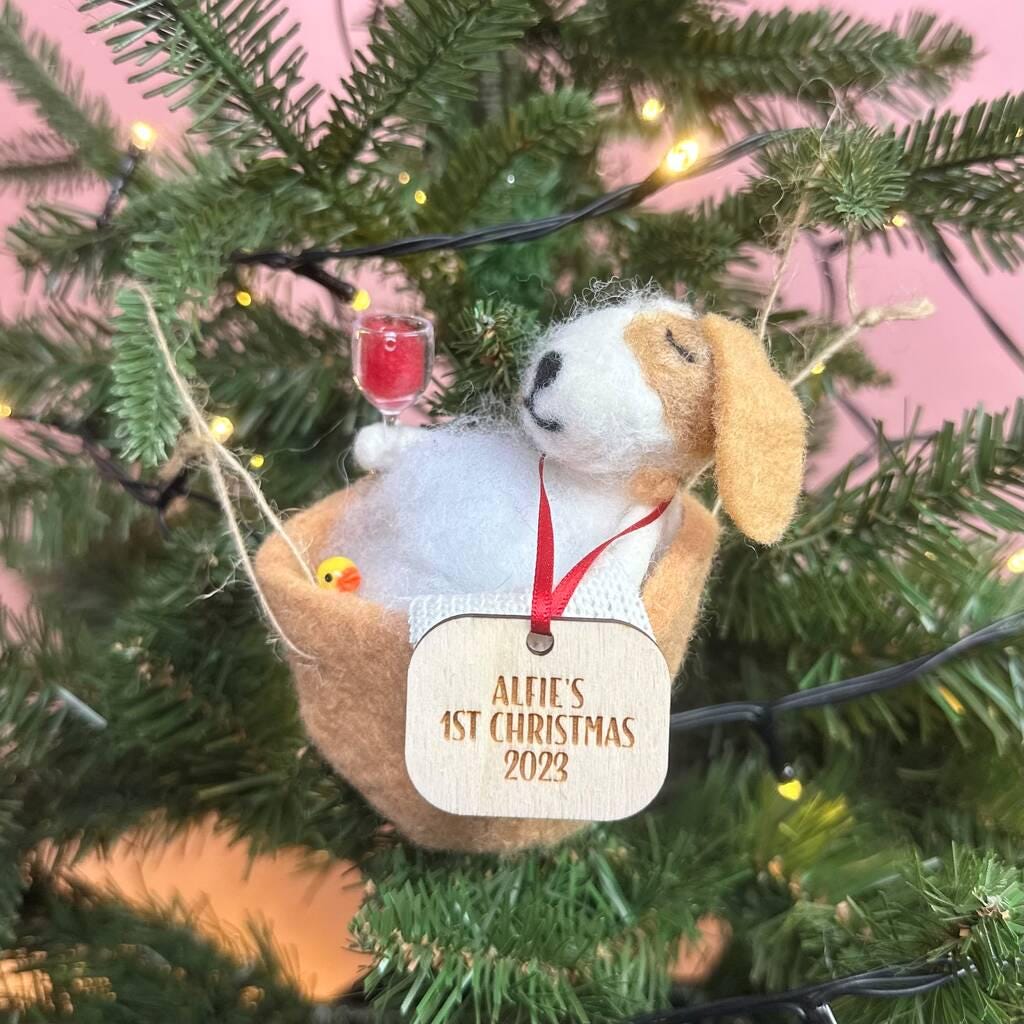 Personalised Dog In A Bath Christmas Decoration