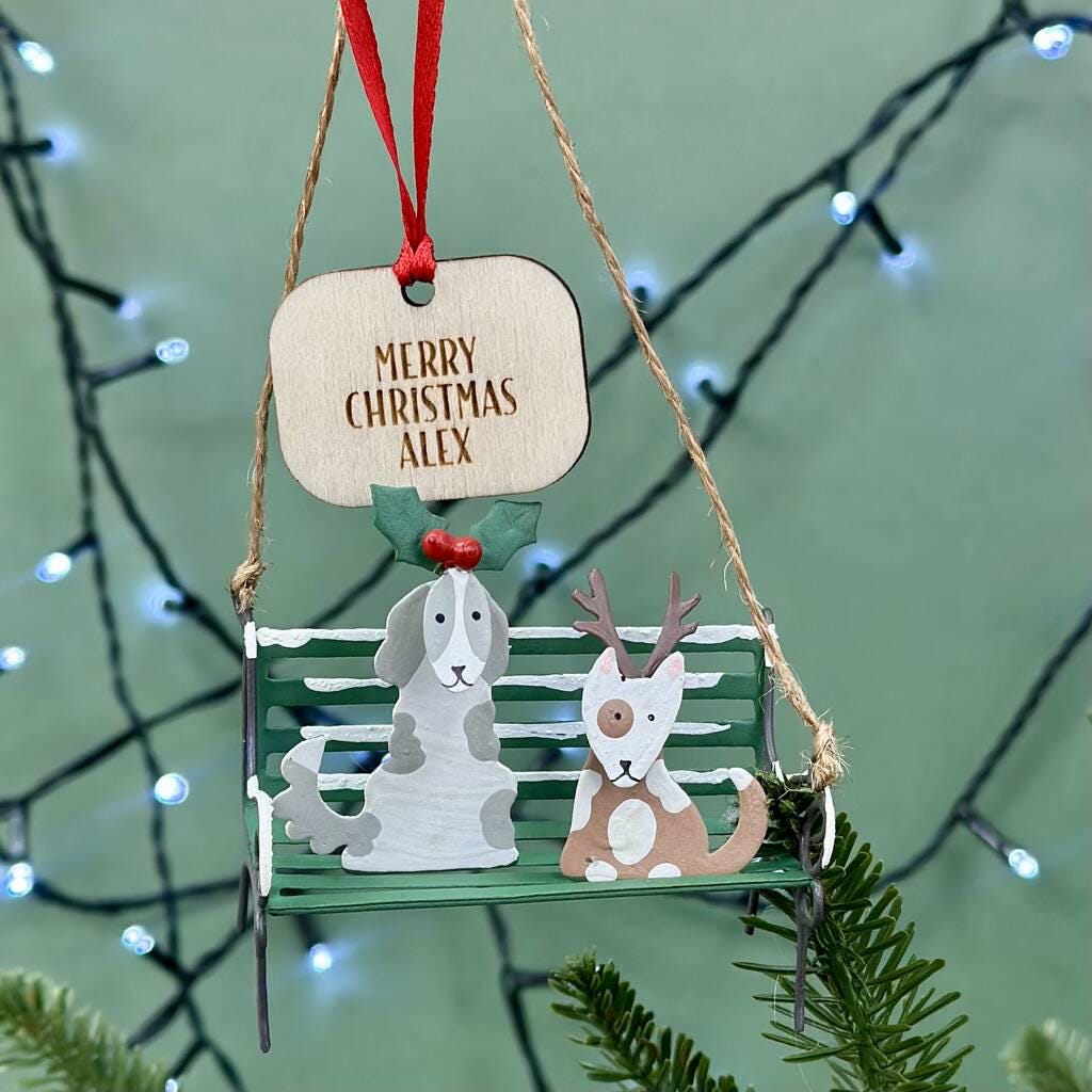 Personalised Christmas Dogs On A Park Bench Bauble