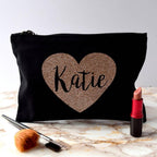 Personalised Sparkly Rose Gold Heart Make Up Bag